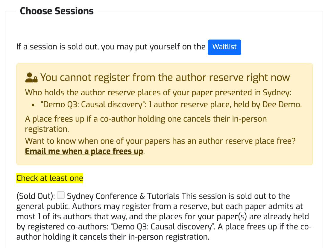 The registration page when the author reserve place of an author's paper is taken